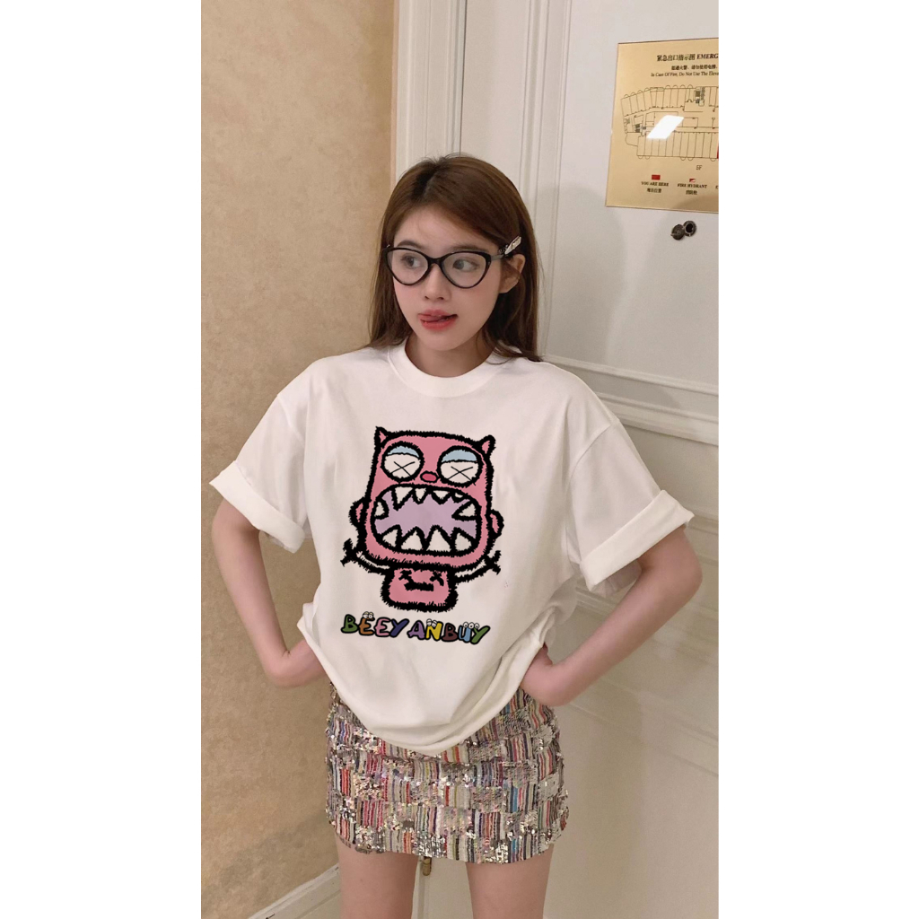 EUNII T-shirt Lengan Pendek Cute Little Monster Korean Style/Kaos Atasan Wanita/Baju Kaus Oversize Wanita/Kaos Wanita