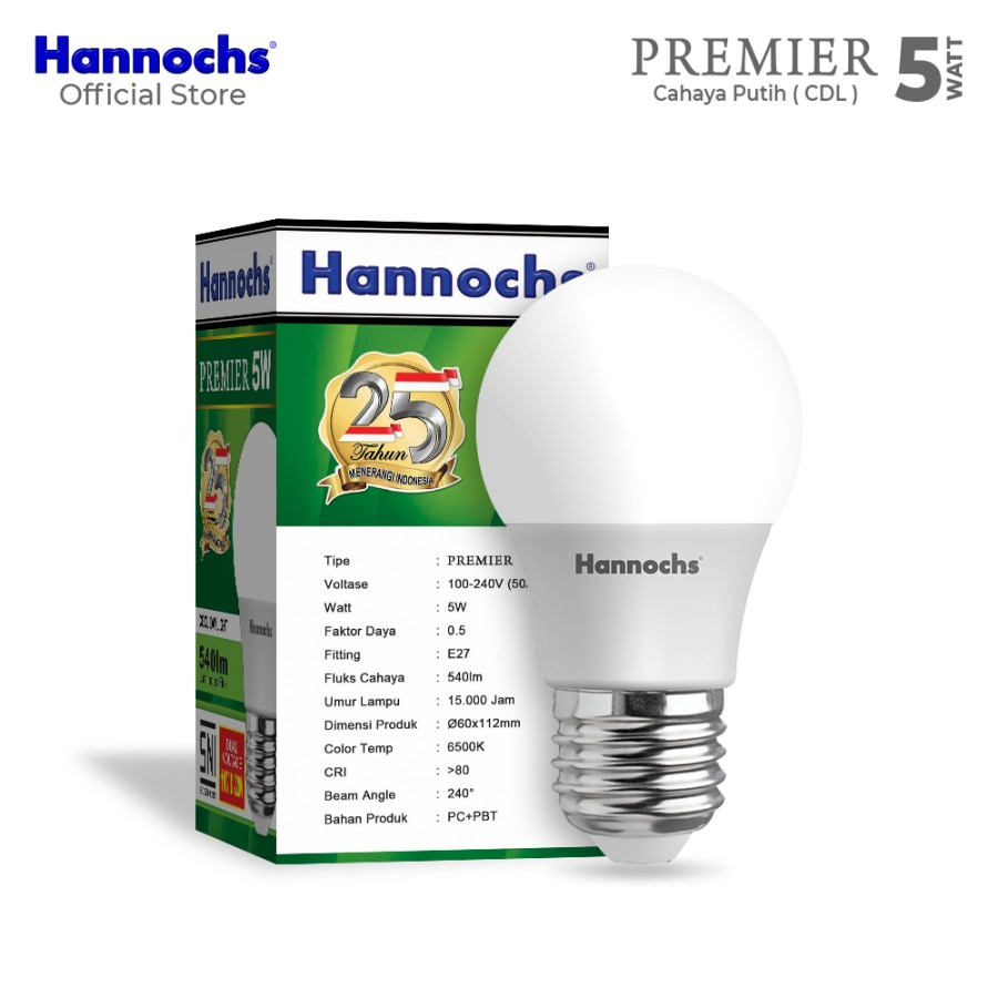 Lampu Bohlam Led 5 Watt Hannochs Premier Cahaya Putih