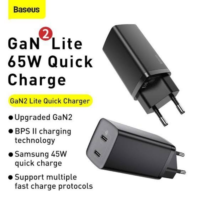 Baseus Charger Adaptor GaN Lite 65W DUAL TYPE C PD Fast Charging GAN2 Quick