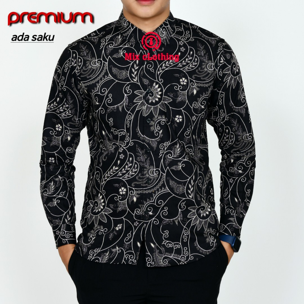 New Premium Baju Kemeja Batik Pria Slimfit Lengan Panjang 1928 Hitam