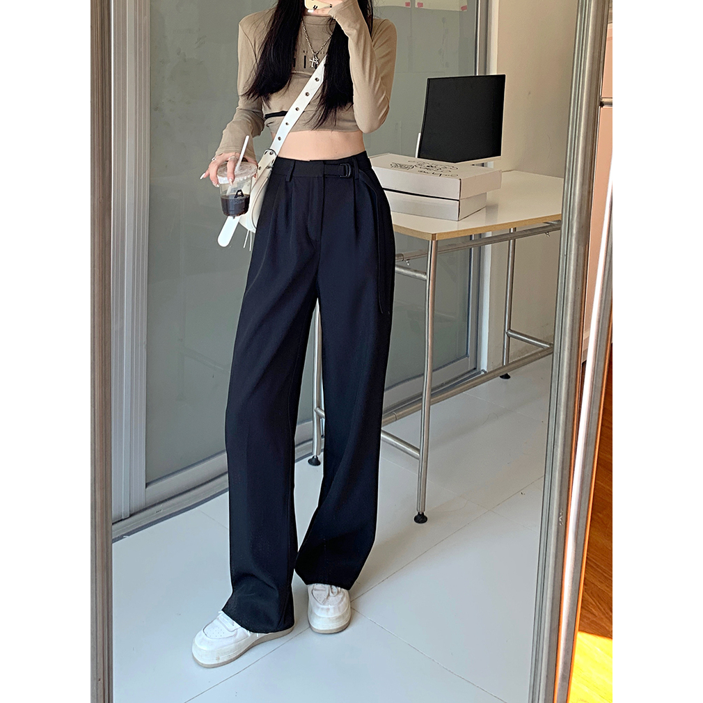 EUNII Celana Panjang Wanita Loose High Waist Hitam Pants Korean Style