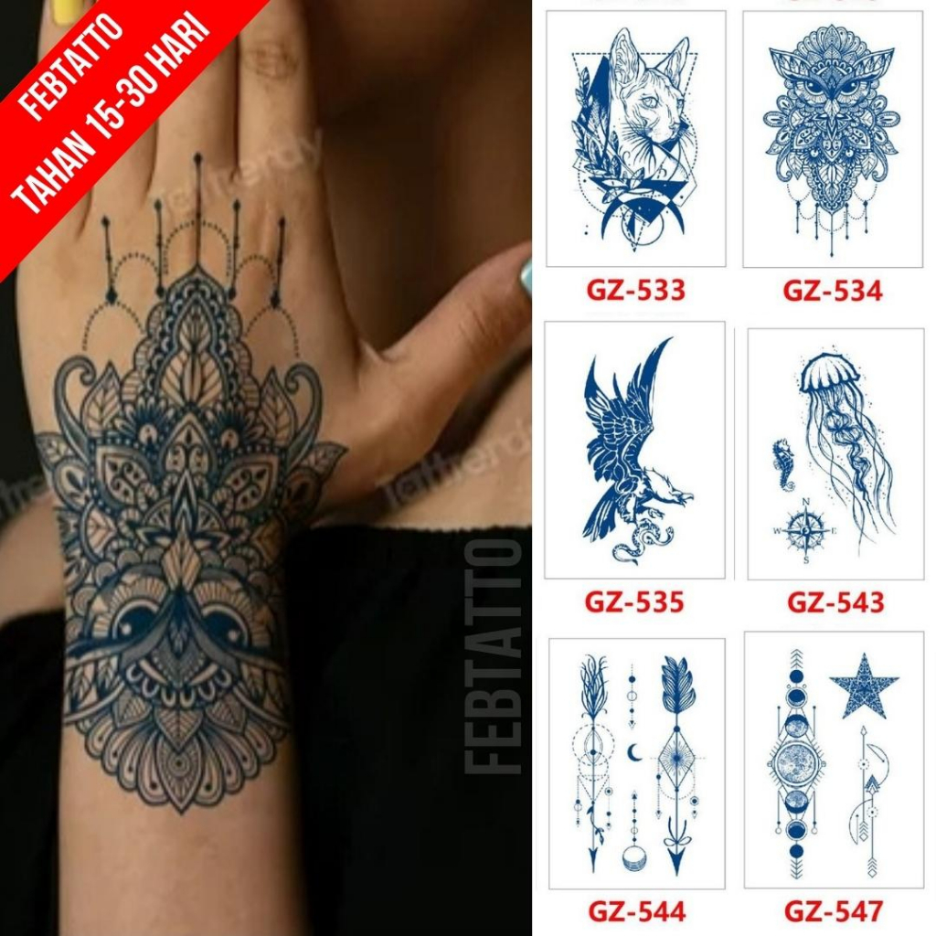 FRUIT INK Tato Semi Pemanent Tahan 1 Bulan Ukuran 11cmx18cm Tato Lengan Tato Dada Tato tangan Tato Kaki   Motif Aesthetic Tatto Temporary Stiker Tato Halal Grosir Tato air motif kucing, burung hantu, burung garuda , ubur ubur, panah, planet GZ 534