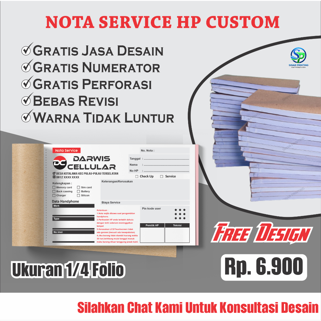 

Nota Servis HP Custom - 1 PLY - 2 PLY FREE DESAIN - NOTA KONTER NOTA SERVICE HP