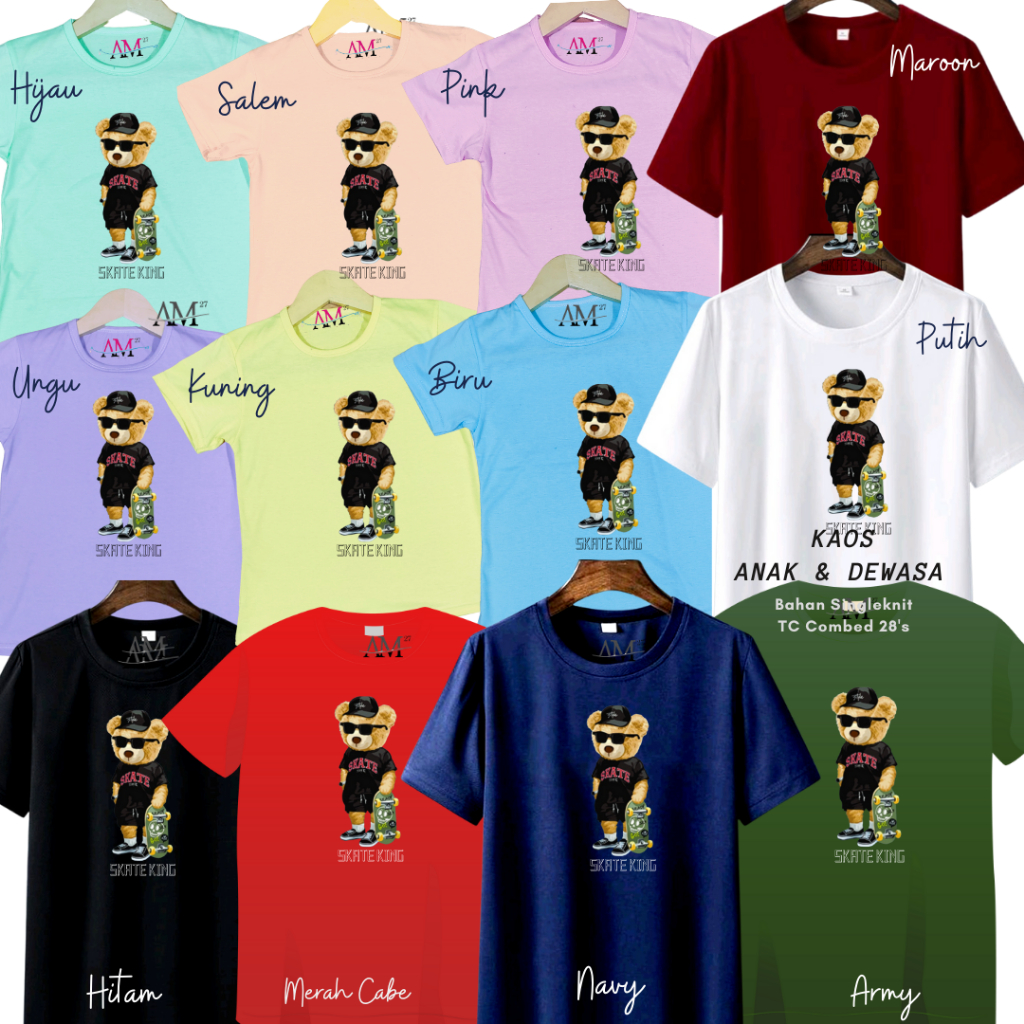 KAOS ANAK COWOK 3-12 TAHUN - REMAJA - DEWASA BAJU BEAR SKATE KING 12warna