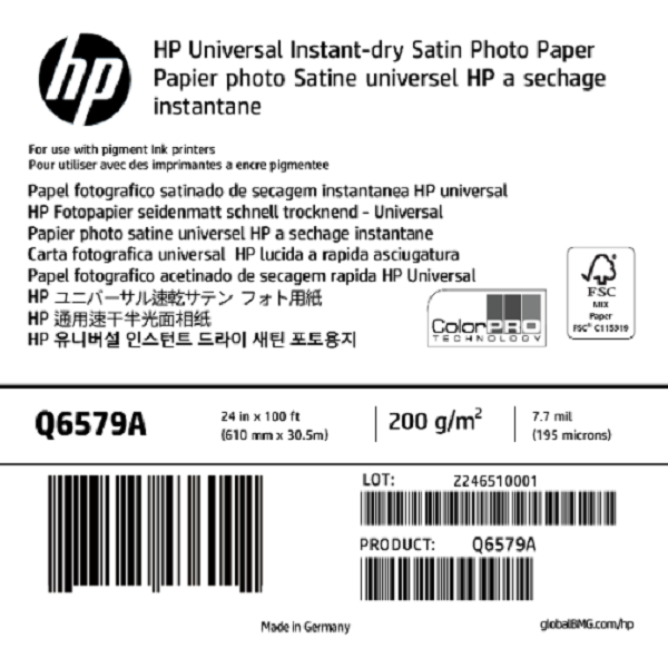 

HP Universal Instant-dry Satin Photo Paper Q6579A 200microns(7.7mil) 200g/m2 610mm x 30,5m