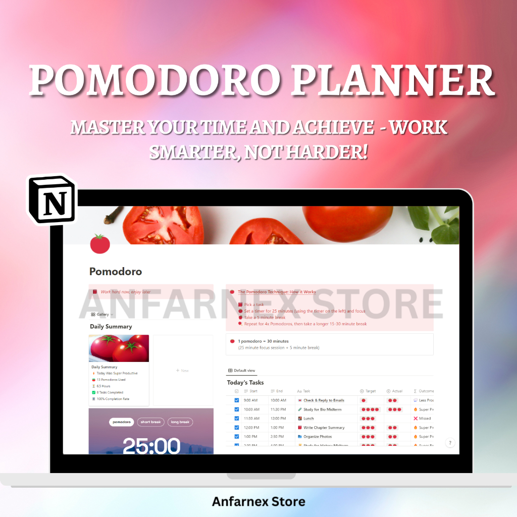 Pomodoro Planner Notion Template | Digital Planner, Productivity Planner, Study Planner, Study Timer