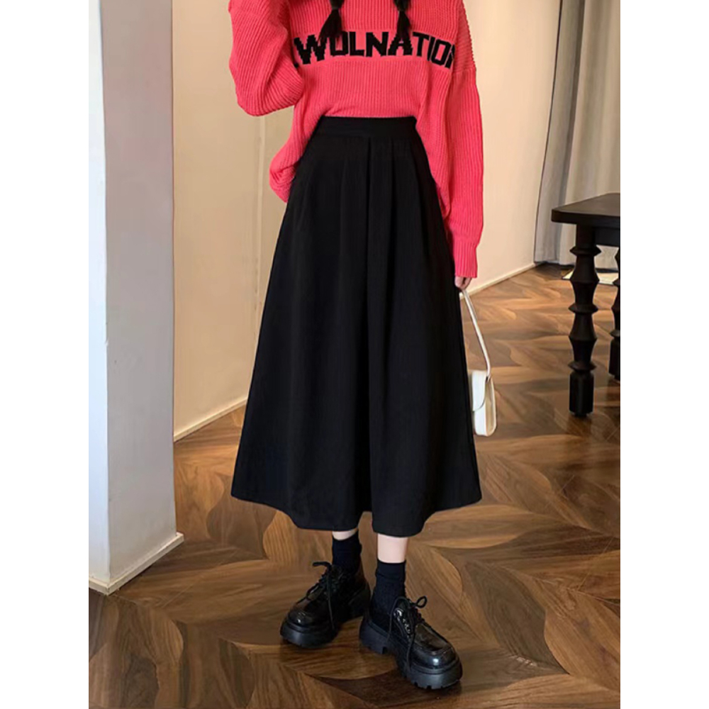 EUNII Korean Style Rok Wanita Rok Midi A-line Hitam Rok High Waist Skirt