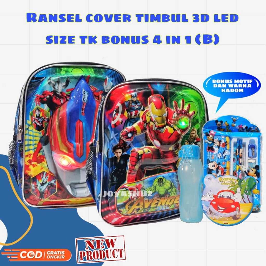 Tas Anak Sekolah Laki-Laki - Ransel Anak 3D LED - Tas Karakter Avangers - Ultraman - Tas Timbul Berbonus - Tas Banyak Bonus