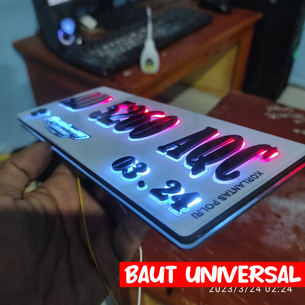 Plat Motor Timbul LED Gradasi Blue Ice Akrilik Baut Universal