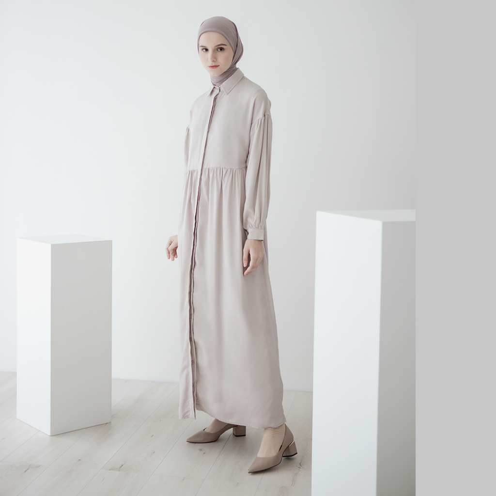 Pradhu by Aska Label - Gamis wanita dress Muslim wanita bahan rayon lengan panjang full kancing depan busui friendly warna putih offwhite, beige oat, hitam black