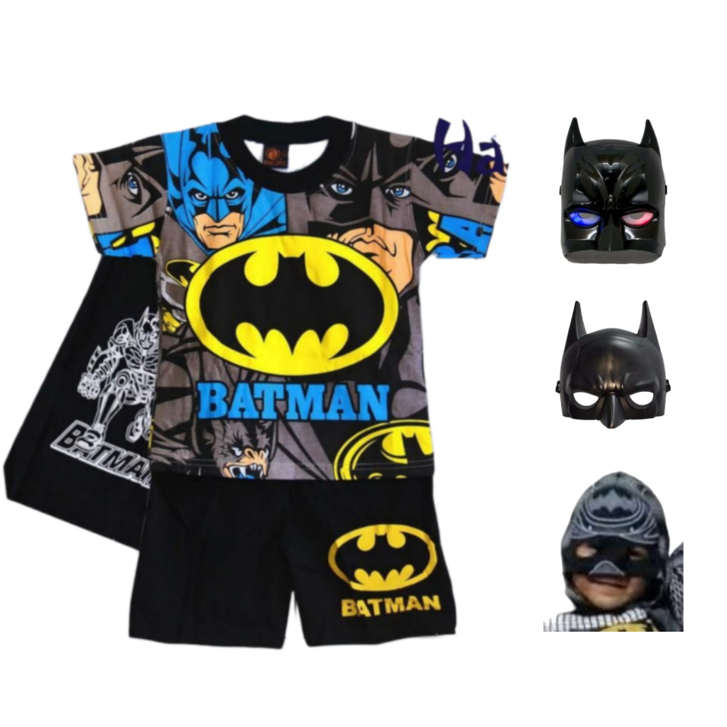 SETELAN BAJU KOSTUM BATMAN LENGAN PENDEK FULL PRINT KARTUN TOPENG LED KAIN BIASA LENGKAP