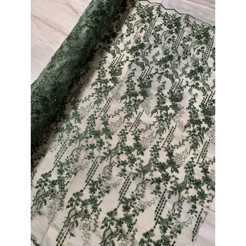 Kain Bahan Kebaya Mewah Brokat Brukat Tile Bordir Payet Gracia Warna Hijau Army Green