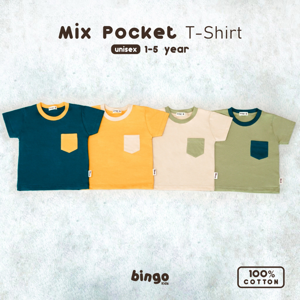 BINGOKIDS | MIX POCKET T-SHIRT / Kaos Saku Mix Warna Anak Balita 1-5 Tahun               Anak Laki Perempuan Unisex Katun Premium Mix Earth Tone Green Coklat Beige Cream Krem Kuning Biru