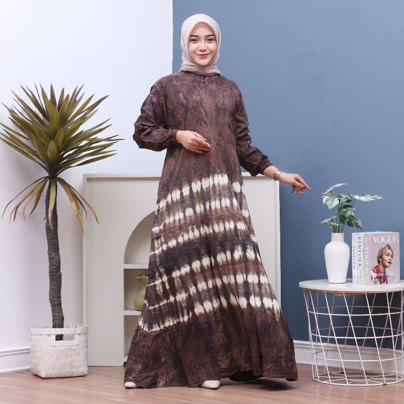 Gamis Rayon Black Tiedye Jumbo Resleting Depan Bumil Friendly Dress Wanita Kekinian Terbaru Adem