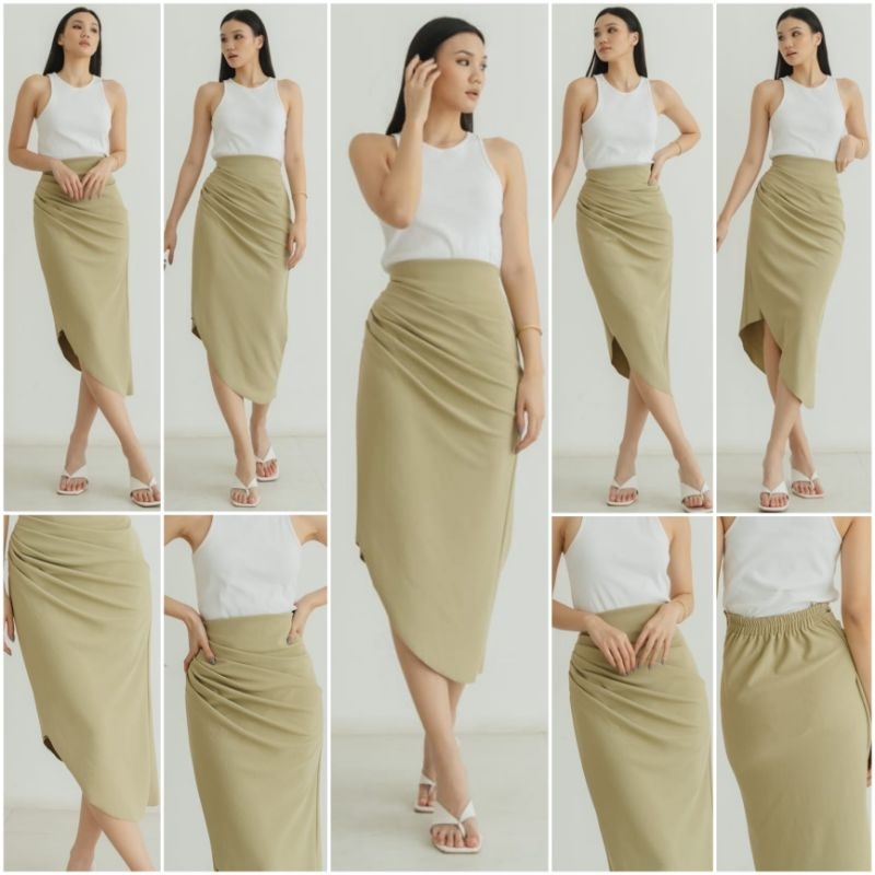 ❣️ SPECIAL PRICE ♡ PREMIUM ♡ ORIGINAL ! FREYA MIDI ASYMMETRIC TEXTURE B0ODYCON FRONT PLEATED  UNFINISHED SKIRT / ROK MIRING ASIMETRIS