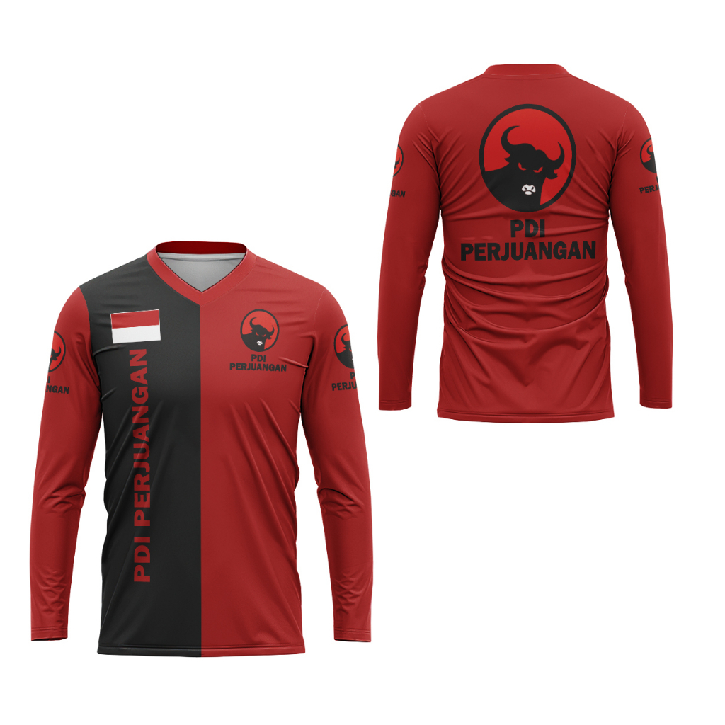 BajuArmy - Kaos Pria Lengan Panjang Partai PDIP Full Print V-Neck