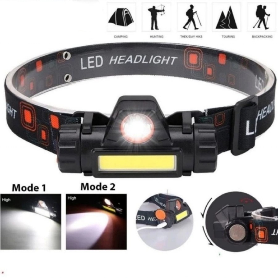 Headlamp COB LED Light Senter Kepala High Power Rechargeable USB Sorot