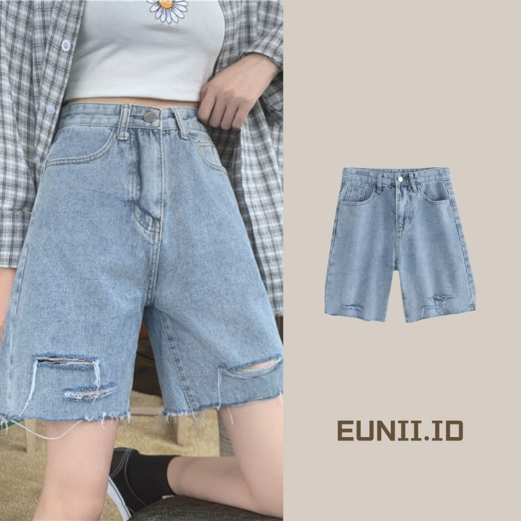 EUNII Celana Pendek Denim Wanita Celana Jeans HighWaist Vintage Korean Style