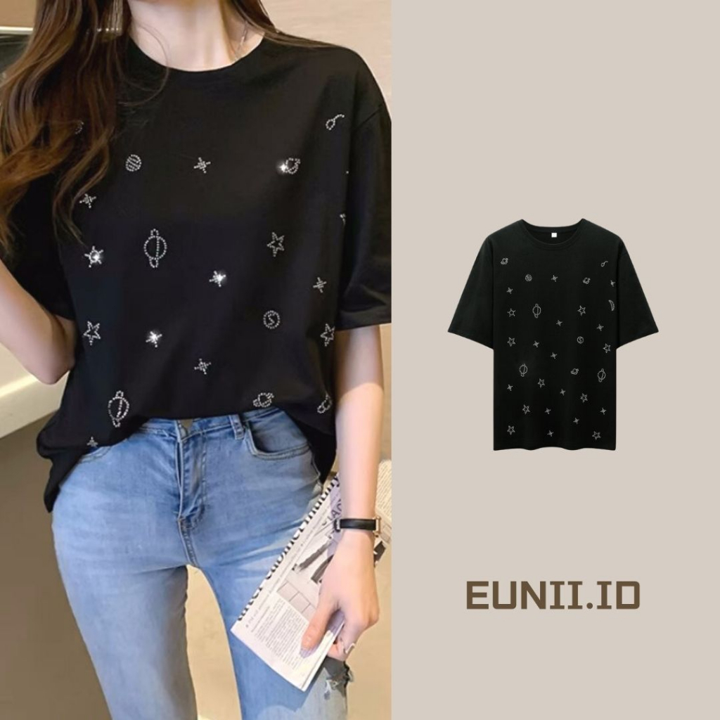 EUNII Kaos Lengan Pendek Warna Solid Katun Murni Wanita Versi Longgar Dari Korean Style