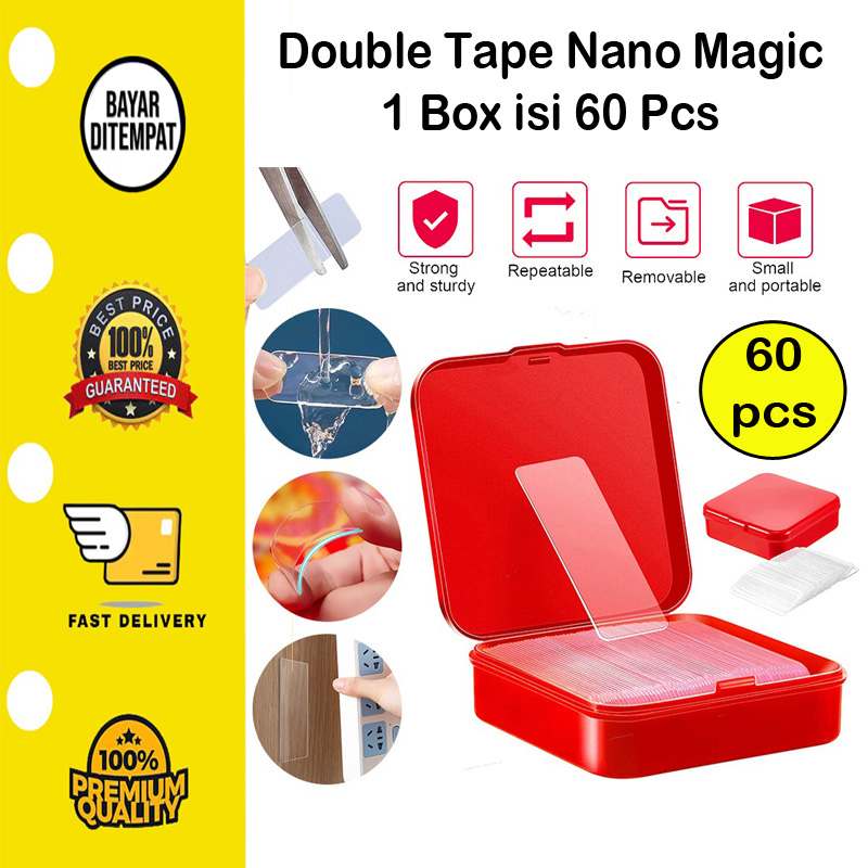 [BISA COD] 1 Box 60 Pcs Tape Isolasi 2 sisi Bolak Balik Nano Plastik Transparan Kuat Sticker Double Tape Magic