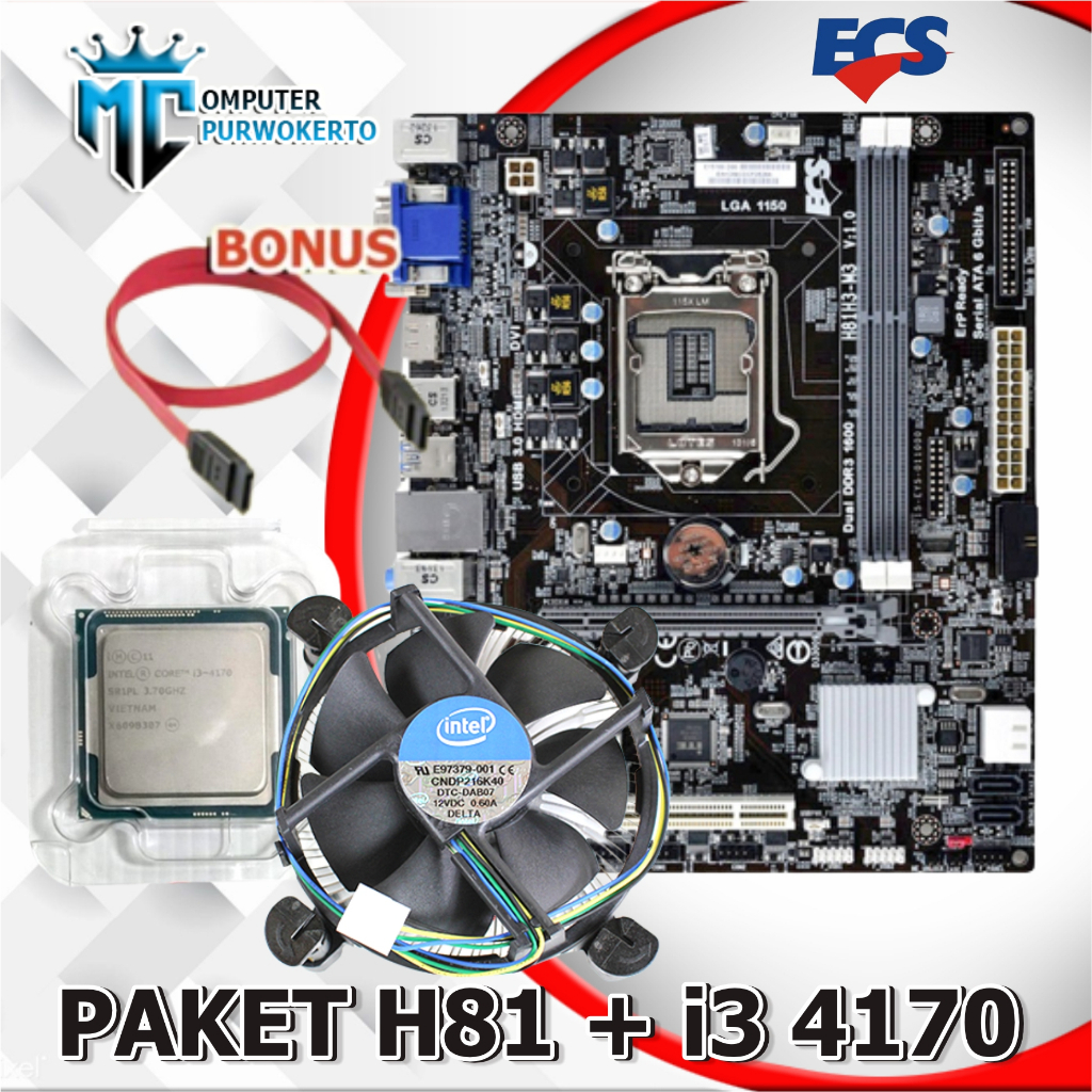 Paket Mobo Soket 1150 H81 Ecs Dan Processor I3 4160 Dan Fan Ori