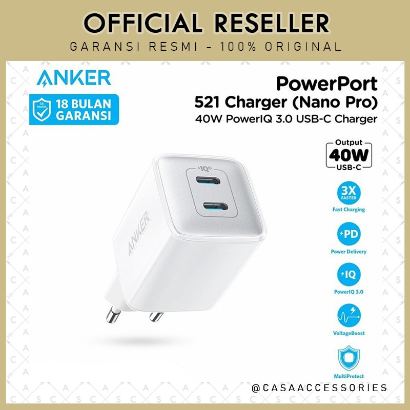 Anker 521 Powerport Wall Charger Nano Pro 40W Dual USB-C - A2038