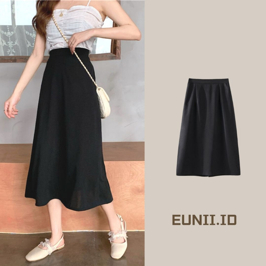 EUNII Warna Solid Rok Midi A-line Hitam Minimalis High Waist Pinggang Elastis Korean Style