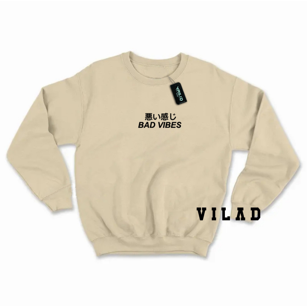 VASPLY Sweater Crewneck Pria Wanita Oversize Bad Vibes Tulisan Jepang Bahan Fleece Tebal Premium Distro