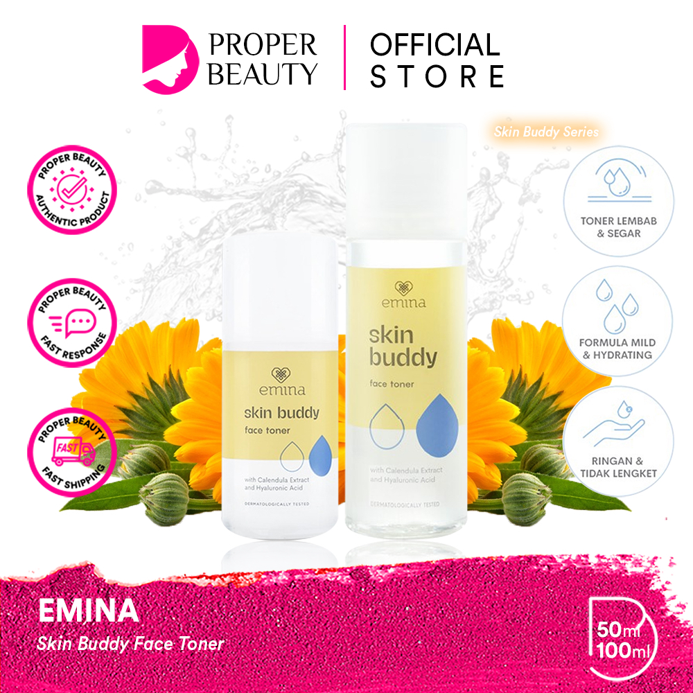 EMINA Skin Buddy Face Toner Indonesia / Pembersih Wajah 50ml 100ml / With Calendula Extract And Hyaluronic Acid / Lembab Segar Formula Mild Hydrating Ringan Tidak Lengket Melembabkan Skincare Facial Care / Bubble Up Dot Burst Sun Protection SPF Sunscreen