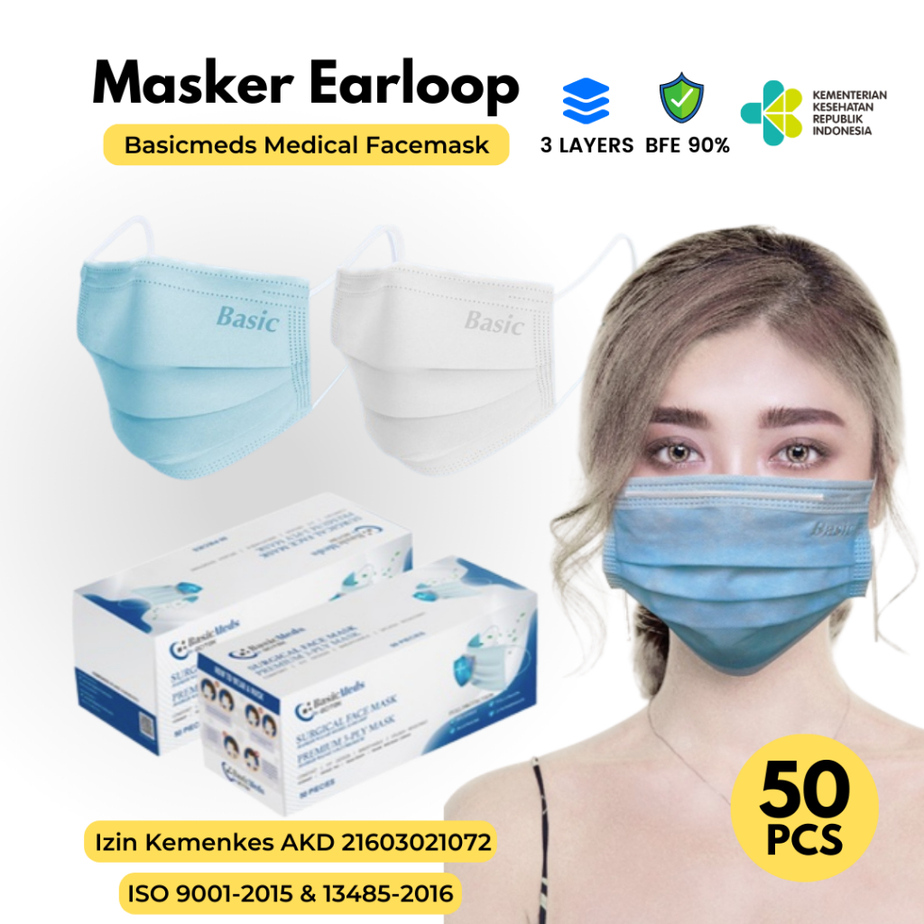 Masker 3 ply 3Ply Earloop Tali kuping Masker Medis Kemenkes 1 box isi 50 pcs Basicmeds Putih White