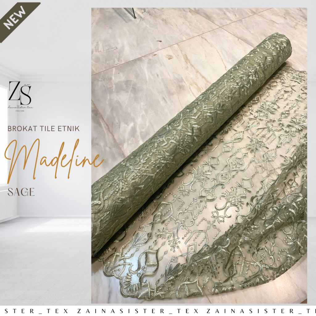 1/2 meter Kain Bahan Kebaya Brokat Brukat Tile Etnik Madeline New Series Warna Sage Green