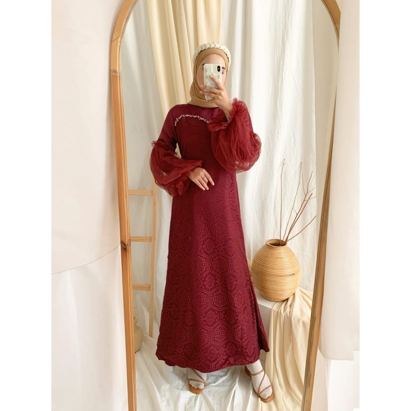 MAXY ALISHA BRUKAT FASHION PAKAIAN WANITA MUSLIM DRESS GAMIS MAXI BAHAN BRUKAT MALIKA LAPIS VELVET MS