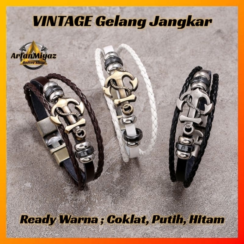 Gelang Kulit Jangkar Pria 21cm Gaya Vintage Magnetick Fashion Aksesoris Perhiasan