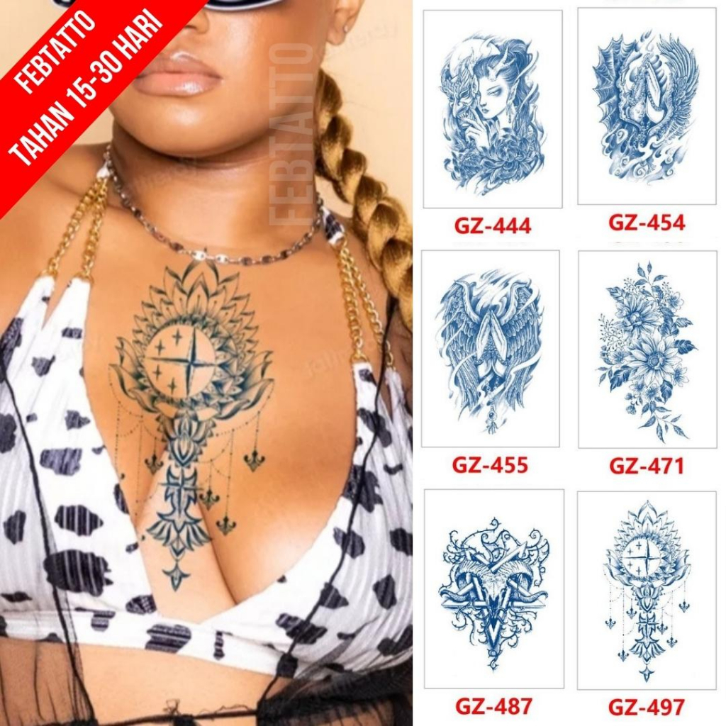 FRUIT INK Tato Semi Pemanent Tahan 1 Bulan Ukuran 11cmx18cmTato Lengan Tato Dada Tato tangan Tato Kaki Tato Punggung Tato Jari  Motif Aesthetic Tatto Temporary Stiker Tato Halal Grosir Tato air motif perempuan, sayap, bunga, tanduk, dream catcher GZ 497