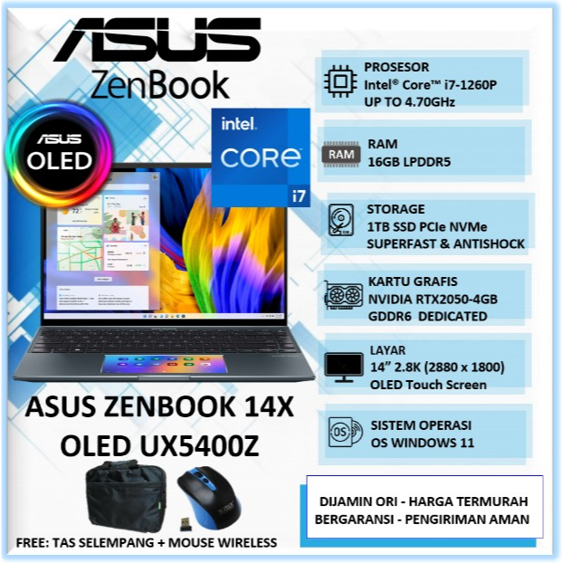 Laptop Asus Zenbook 14X OLED UX5400Z Intel i7 Gen 12 Ram 16GB SSD 1TB RTX2050-4GB 14" 2.8K OLED Touchscreen Windows 11 Home