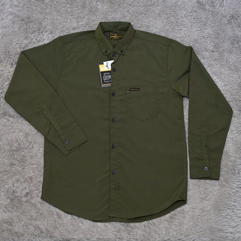 Kemeja Polos Pria Lengan Panjang Hijau Army Hem Casual