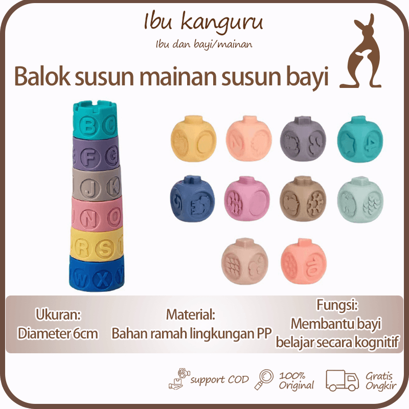 【Ibu Kanguru】Bisa COD Mini Soft Stacking Blocks Toys, Edukasi Remasan Gigi Mainan Bayi dengan Angka Hewan Bentuk Tekstur selama 6 Bulan Sampai 6 Bulan Bayi Susun Blok Bangunan Mainan Mandi Bayi 6 sampai 12 Bulan