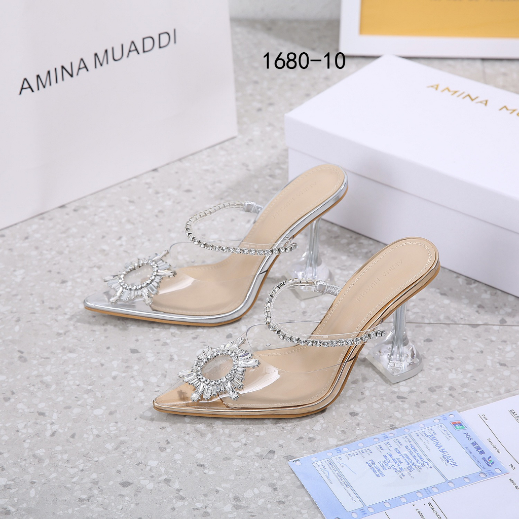 AM Rhinestone Decor Peep Toe Sculptural Heeled Slingback Pumps #680-10