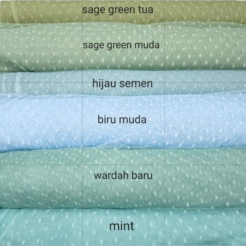 Kain Tile Tulle Polkadot SAGE GREEN / Tile DOT Bahan Gaun Gamis Dress Wanita Meter dan 0.5 Meter Lebar 140cm