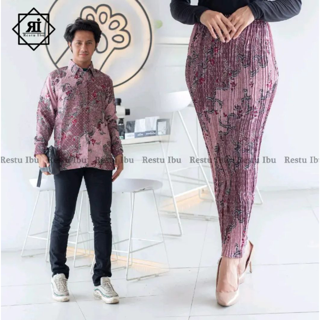 Couple Rok Plisket Wanita Dan Kemeja Lengan Panjang Pria Batik Bahan Premium Tebal Motif Ranting Dusty