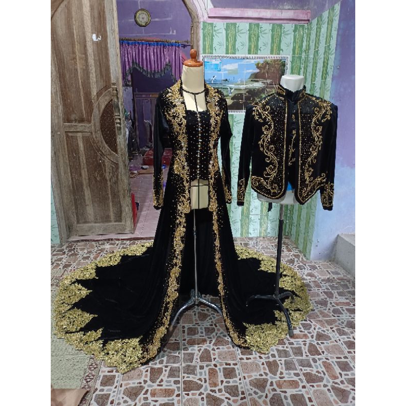 couple kebaya dan beskap bludru pengantin/set pakaian pengantin payet jepang/kebaya pengantin ekor lebar