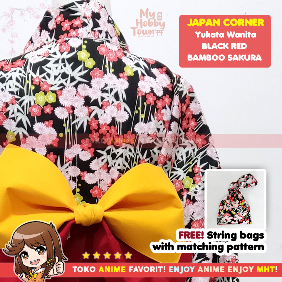 Yukata Kimono Wanita : Black Red Bamboo Sakura