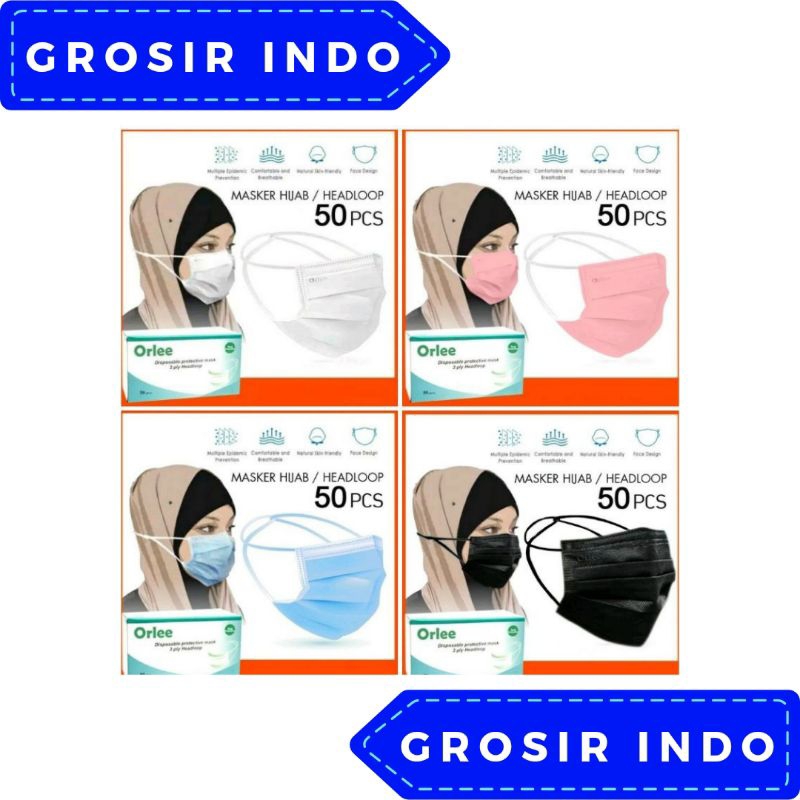 [GROSIR] Masker Disposable ORLEE Headloop / Hijab isi 50