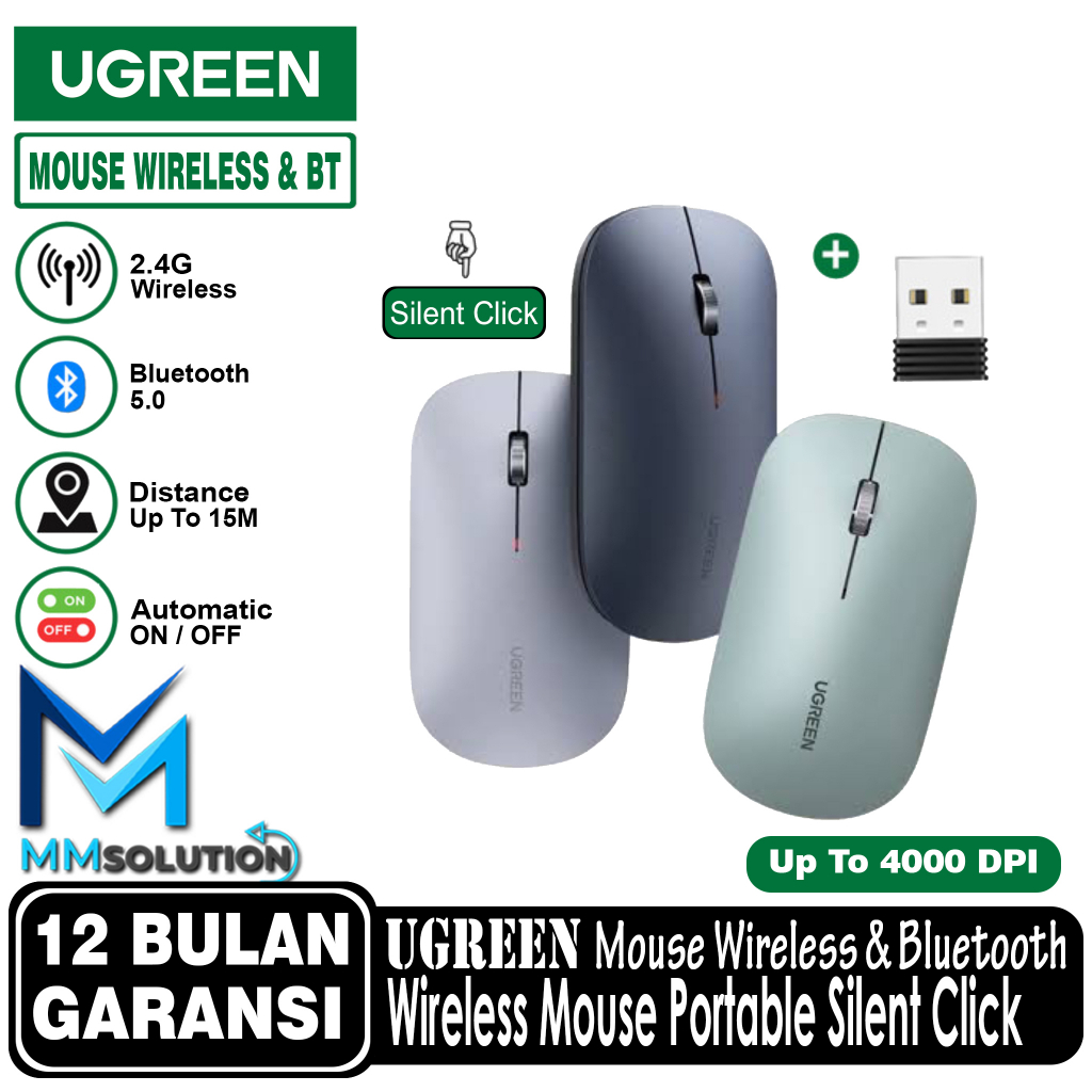 Ugreen Mouse Wireless &amp; Bluetooth Silent Slim 2.4G 4000 DPI Laptop