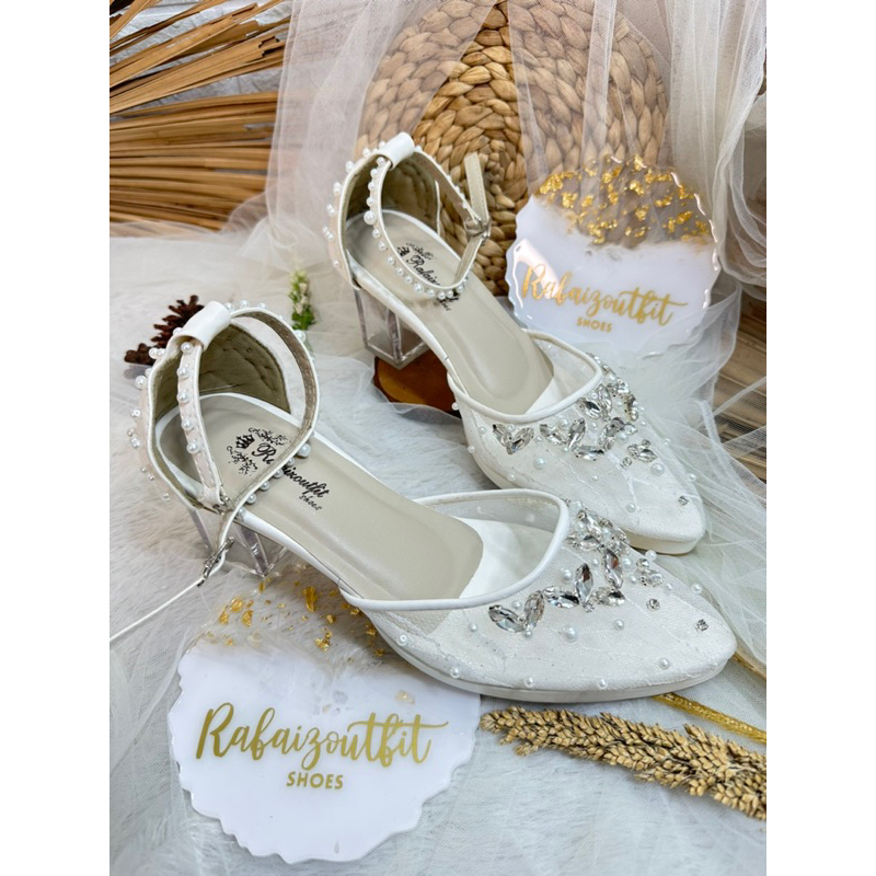 sepatu pesta Manda wedding putih 7cm kaca