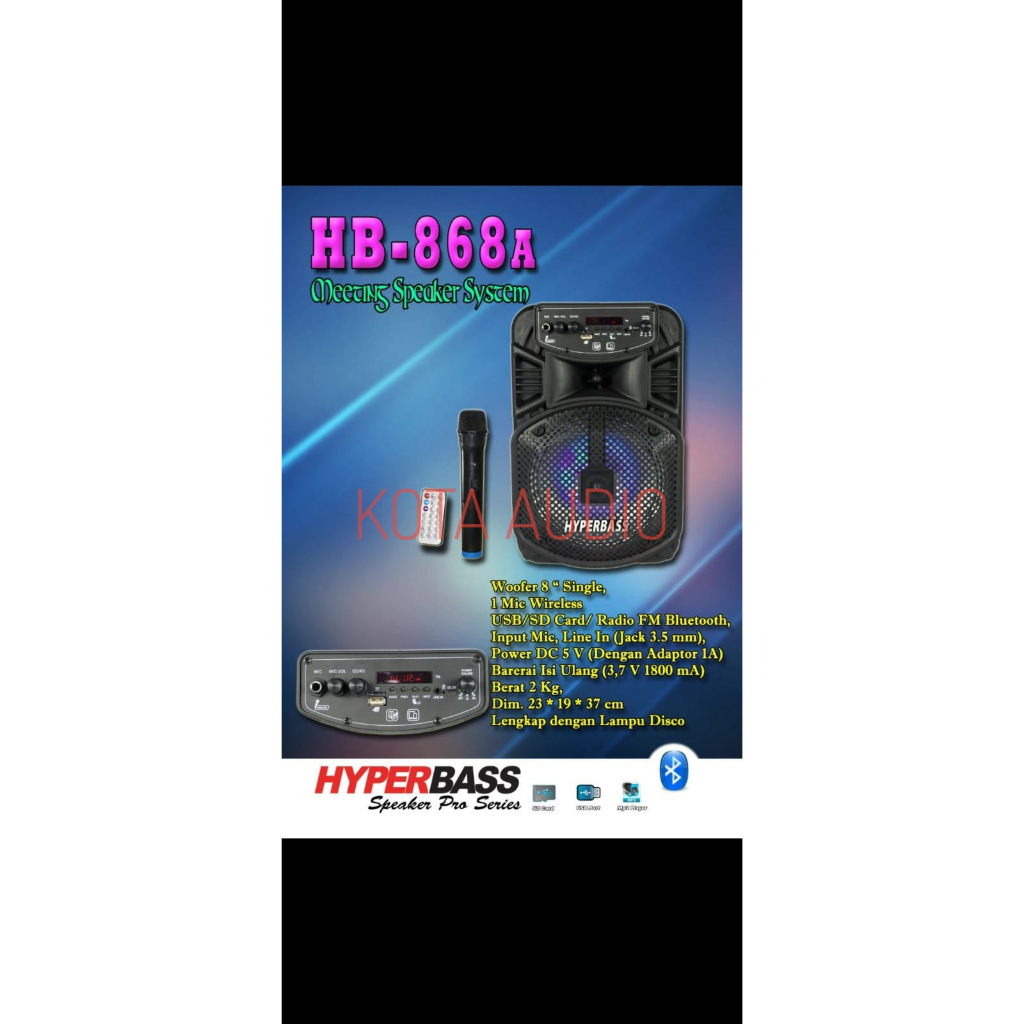 Speaker Portable Bluetooth 8" Hyperbass Hb 868A / HB-868A / HB868A