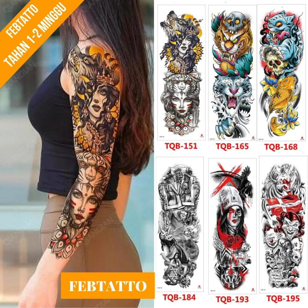 Tato Temporer Full Lengan Ukuran 17cm x 48cm Motif Wanita Srigala Macan TQB 151 Tato Lengan Tato Dad