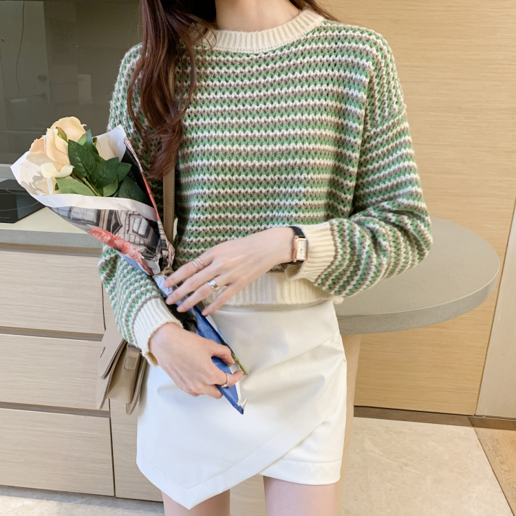 Atasan Rajut Wanita Stripe Crewneck Casual Sweater Oversize Wanita