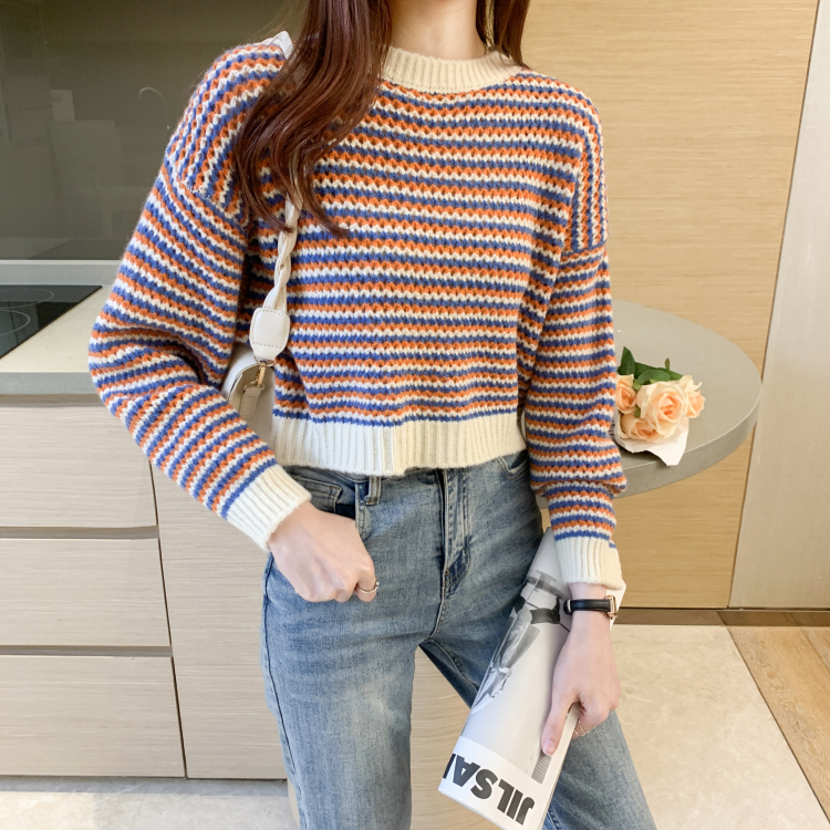 Atasan Rajut Wanita Stripe Crewneck Casual Sweater Oversize Wanita