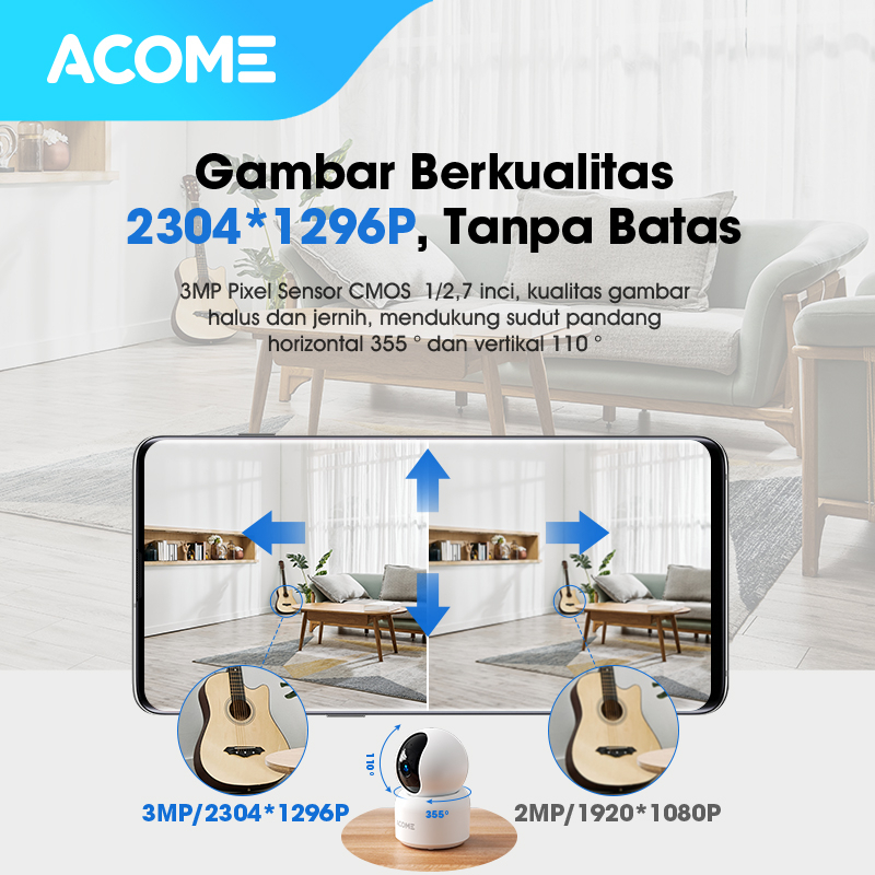 ACOME Indoor Smart Camera CCTV APC01 WiFi Camera Audio FULL HD 1296P 3MP Kamera No Blind Spot 2 Arah Original - Garansi Resmi 1 tahun